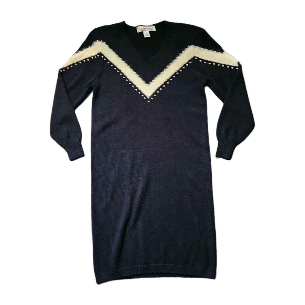 VTG Stone Canyon Angora Blend Sweater Dress Sz L Black Ivory Stripe Pearl EUC